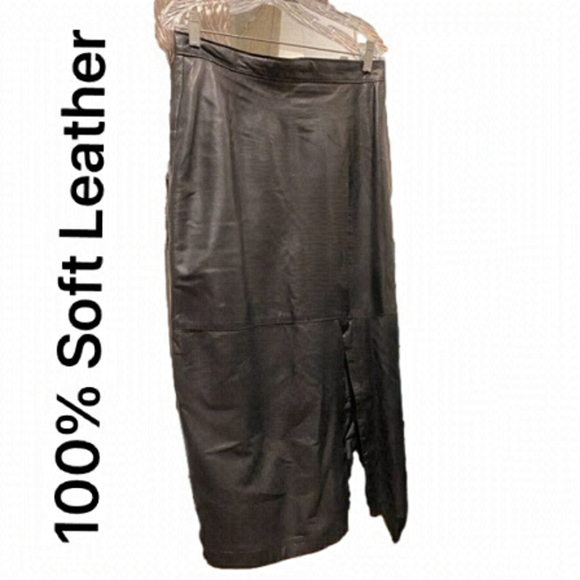 𝅺genuine Soft Leather Black Long Skirt With Front Side Slit   - Picture 1 of 9